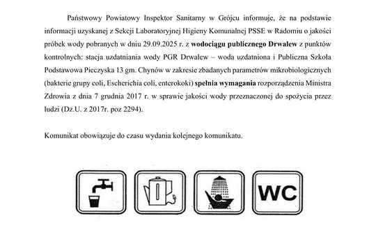 Komunikat w sprawie przydatności wody do spożycia