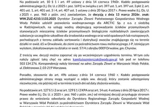 Obwieszczenie o wydaniu decyzji udzielającej pozwolenia wodnoprawnego dla ARCTIC Sp. z o.o.